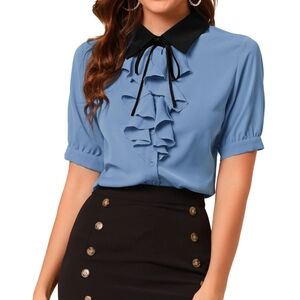 Allegra K women's contrast collar ruffle button up blue and black size XL